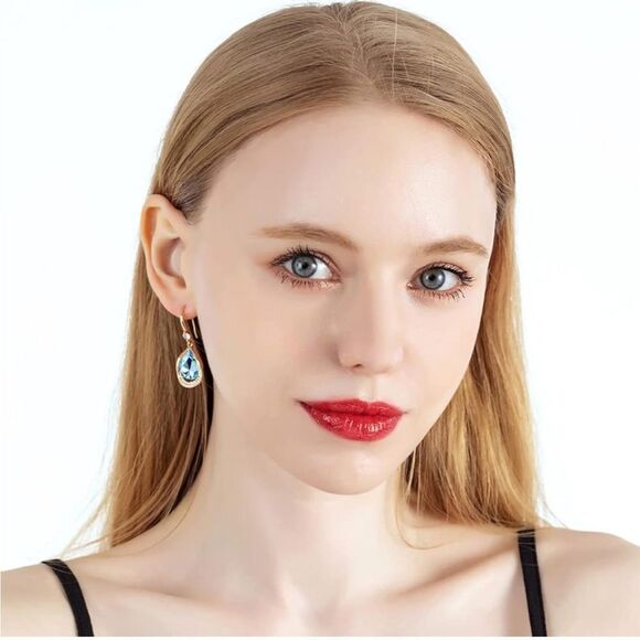 14K Yellow Gold and Aquamarine Blue Austrian Crystal Teardrop Halo Hook Earrings - Picture 6 of 6